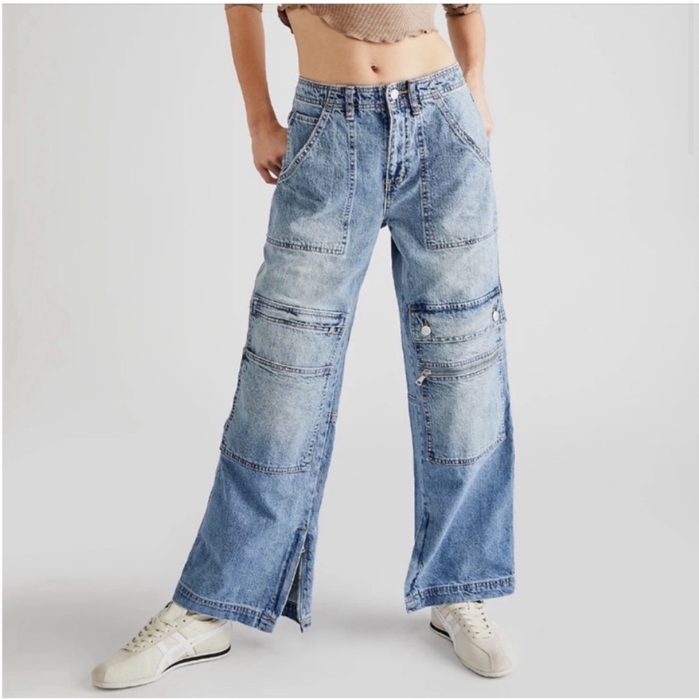 Free People CRVY Under Construction Utility Jeans Cargo Baggy Size 27